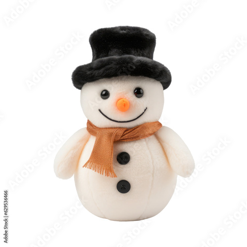 Adorable Plush Snowman Toy with Top Hat and Carrot Nose isolated on transparent background. Generative AI.