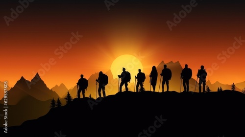 silhouettes of a group of people on a mountain ridge against the backdrop of mountains and sunset. travel and team concept. 