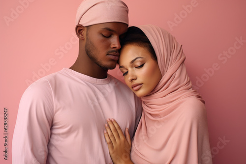 Portrait of a Multicultural Couple Embracing Love and Unity on a Pink Background © aicandy