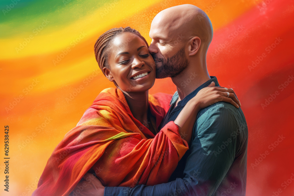 Obraz premium Joyful couple embracing under a colorful rainbow, symbolizing the beauty of love and diversity