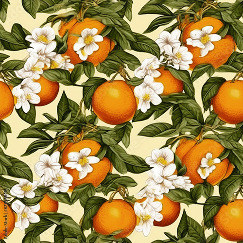 Beautiful seamless pattern oranges and flowers on pastel background in vintage style.