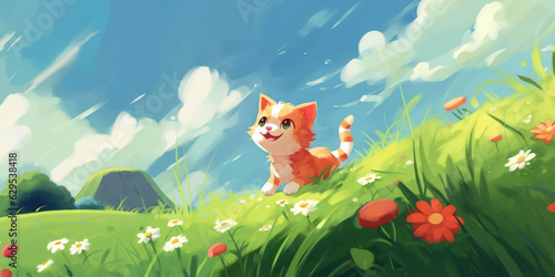 happy orange cartoon kitten cat in flower field meadow smiling children's illustration painted wallpaper