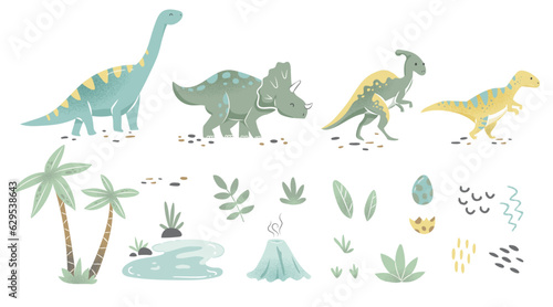 Big Set of newborn green baby dinosaurs. Hand drawn brontosaurus, tyrannosaurus, and triceratops for birthday greeting cards, baby shower invitations, posters. Vector cartoon flat illustration