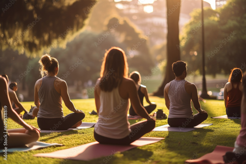 A group of people with different physical abilities participating in a summer yoga class in a park