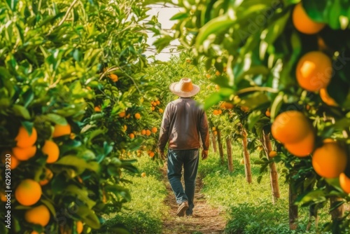 Back view of farmer harvesting oranges in an orange tree field in the sunny day. Generative Ai