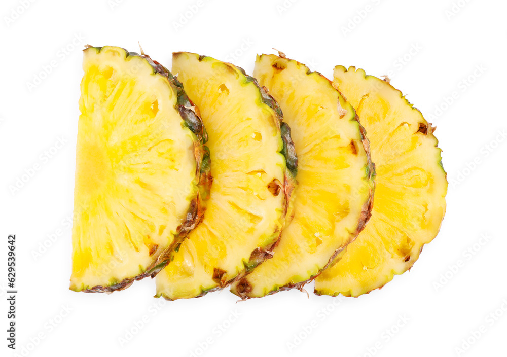 Slices of tasty ripe pineapple isolated on white, top view Slices of tasty ripe pineapple isolated on white, top view
