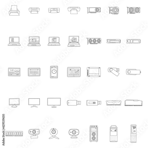 Set of hand drawn GADGET icons with notebook, tablet, pc, computer, laptop, monitor, and other