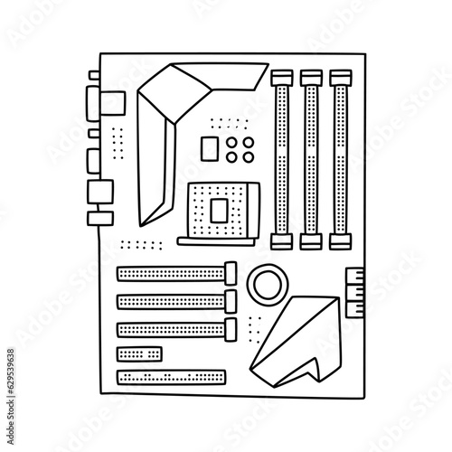 Computer motherboard doodle line icon illustration. linear style sign for mobile concept and web design. PC mainboard outline vector icon
