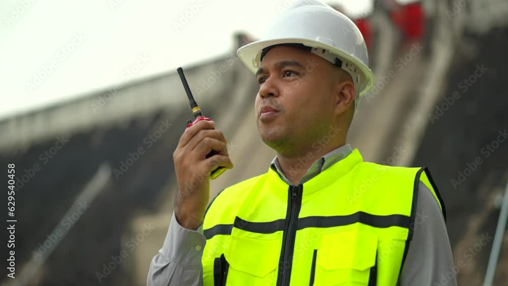 Professional asian maintenance engineer man use radio communication in construction site dam with hydroelectric power plant and irrigation. Engineer man wearing safety hat at project big building. Professional asian maintenance engineer man use radio communication in construction site dam with hydroelectric power plant and irrigation. Engineer man wearing safety hat at project big building.