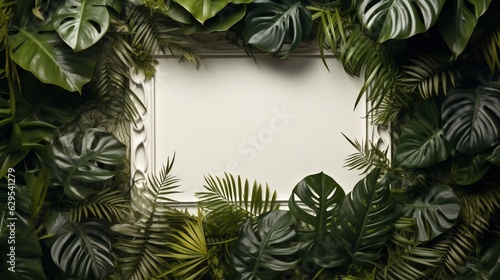 Generative AI : White Empty Space template mockup for natural organic cosmetic product presentation ad concept on green eco forest fresh leaves nature flat lay background, trendy stylish minimalist fl