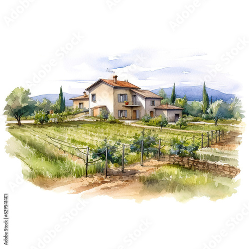 Landscape with traditional stone house with stunning vineyard. Watercolor or aquarelle painting illustration.