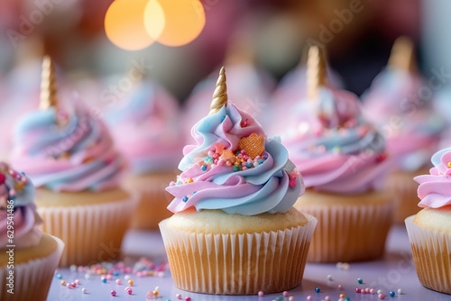 Close-up of delicious cupcake with pastel colored cream and unicorn horn on blurred background