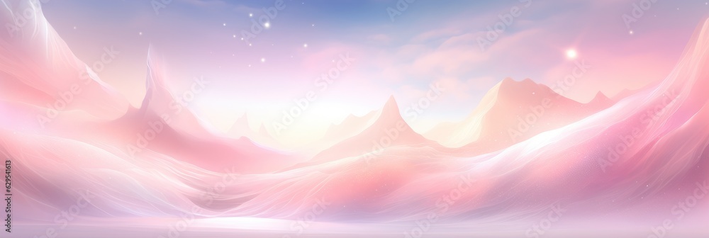 A beautiful background of a realistic landscape with glowing lights in pink and golden tones. Generative AI