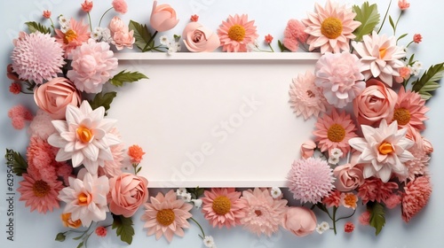 Generative AI   Styled stock photo. Feminine wedding desktop mockup with Blossoming Garden and white background. Empty space. Top view. Picture for blog.