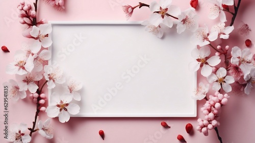 Generative AI : White product empty display with blossom flowers on pink background.