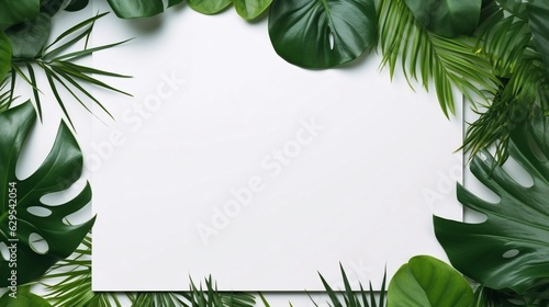 Generative AI : White Empty Space template mockup for natural organic cosmetic product presentation ad concept on green eco forest fresh leaves nature flat lay background, trendy stylish minimalist fl