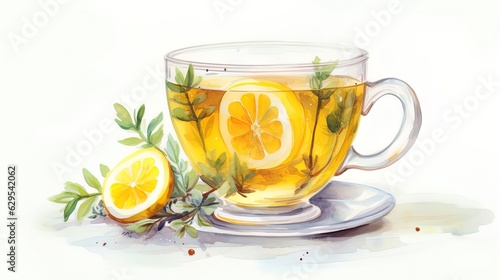 Tea with lemon, watercolor. 