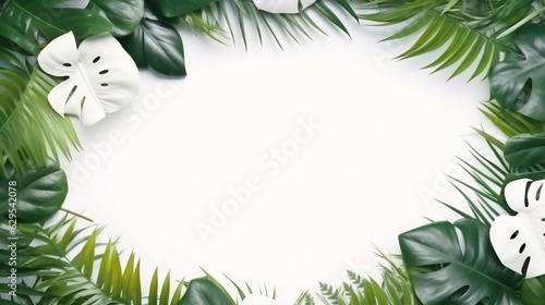 Generative AI : Creative layout made of colorful tropical leaves on white background. Minimal summer exotic concept with copy space. Border arrangement.