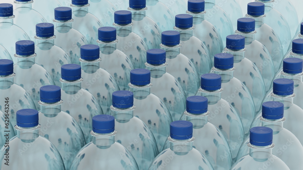 Empty plastic clean bottles for water with caps lids. Production of plastic bottles for water, isolate. 3d render Empty plastic clean bottles for water with caps lids. Production of plastic bottles for water, isolate. 3d render