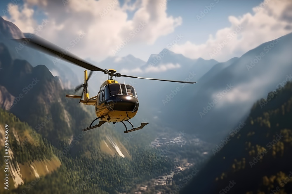 a helicopter flying in the mountains
