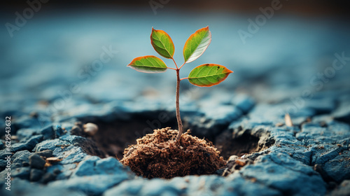 Cambiamento climatico, la pianta piccola appena piantata a terra cresce photo