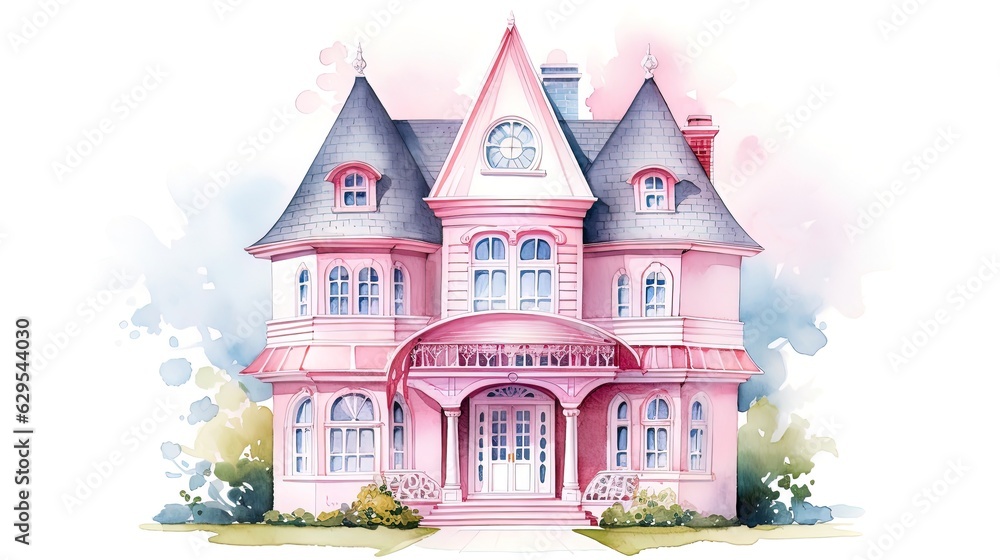 Pink watercolor style doll house. 