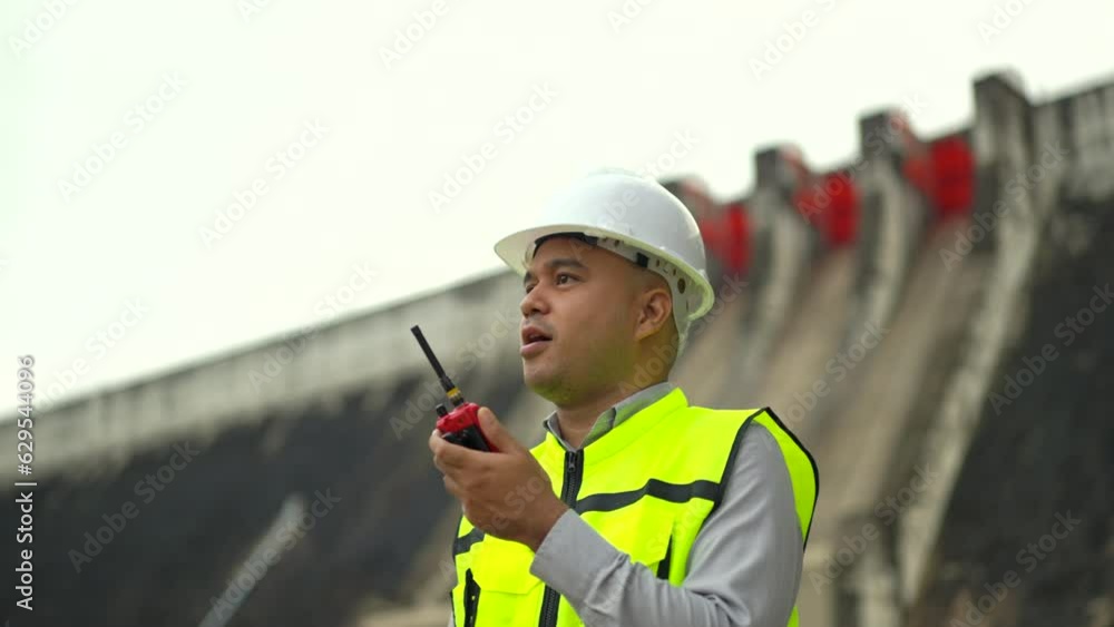 Professional asian maintenance engineer man use radio communication in construction site dam with hydroelectric power plant and irrigation. Engineer man wearing safety hat at project big building. Professional asian maintenance engineer man use radio communication in construction site dam with hydroelectric power plant and irrigation. Engineer man wearing safety hat at project big building.
