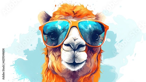 Portrait of a camel in sunglasses. 