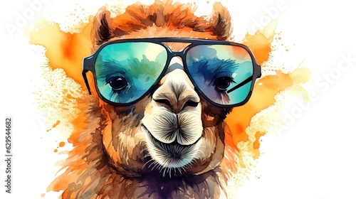 Portrait of a camel in sunglasses. 