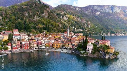 Aerial beautiful waterfront view of Varenna town, Lake Como, Lombardy, Italy
