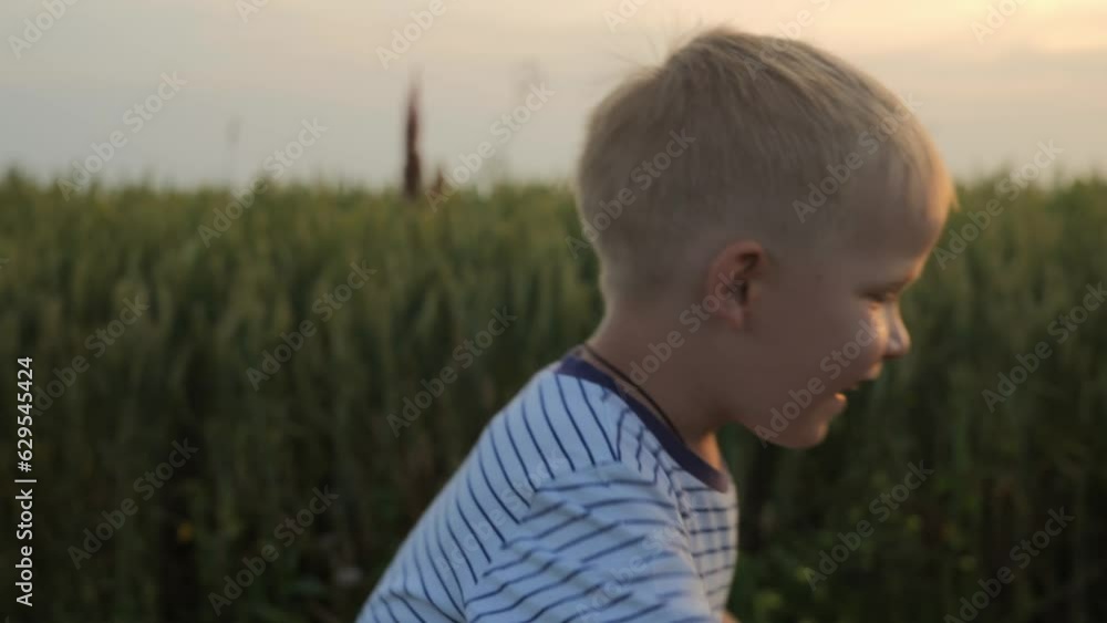 Close-up side view of a happy 5-year-old boy who is learning to ride a bike on a green field during sunset. The boy rides a bicycle and looks at the camera with a happy smile. High quality 4k footage Close-up side view of a happy 5-year-old boy who is learning to ride a bike on a green field during sunset. The boy rides a bicycle and looks at the camera with a happy smile. High quality 4k footage