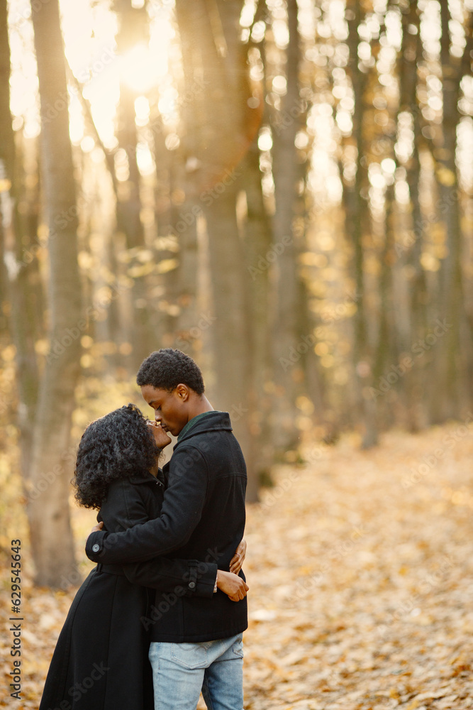 Loving black couple walking in park and enjoying autumn sunset Loving black couple walking in park and enjoying autumn sunset