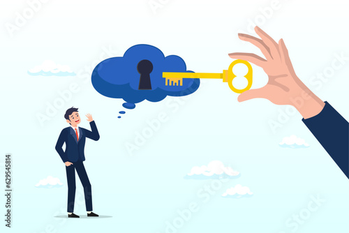 Businessman thinking with idea as a keyhole with helping hand holding the success key, business support, help to solve problem, clear and unblock work obstacle or key to unlock business idea (Vector)
