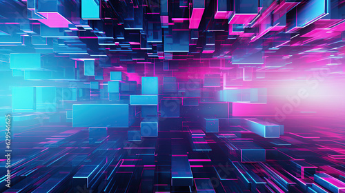 Abstract blue, mint and pink background with interlaced digital glitch and distortion effect. Futuristic cyberpunk design. Retro futurism, webpunk, rave 80s 90s cyberpunk aesthetic techno neon colors photo