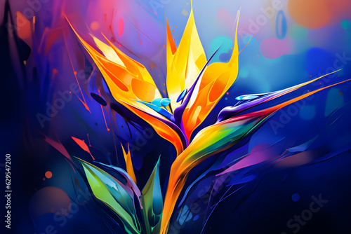 Bird of Paradise wallpaper with one large flower for all art flowing style alcohol ink glow dark greenish blue background. photo