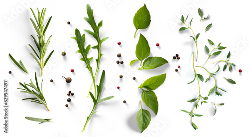 Fotografia fresh mediterranean herb and spices with real transparent shadow isolated on transparent background