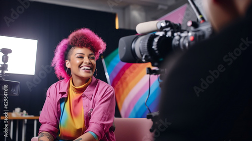 female colorful tattooed LGBTQIA+ influencer giving interview about diversity in front of tv cameras in colorful creative studio