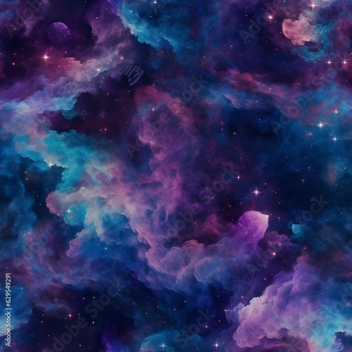 Seamless nebula galaxy, infinite endless pattern, universe, stars, space, violet and blue colors, tile, generative ai © Matthias