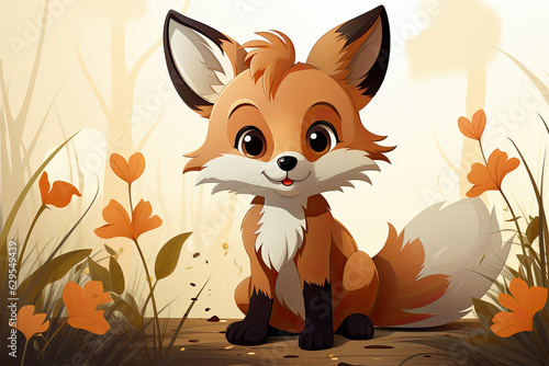 Cute illustration  cartoon style  of a young fox with a smile on its face  surrounded by flowers