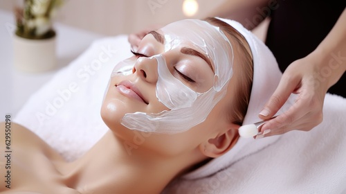 Beautiful young woman with a mask on her face. Skin care and treatment, spa, natural beauty and cosmetology concept.