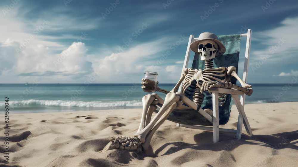 skeleton zombie relaxing by the beach on vacation wearing hat holding drink - obrazy, fototapety, plakaty 