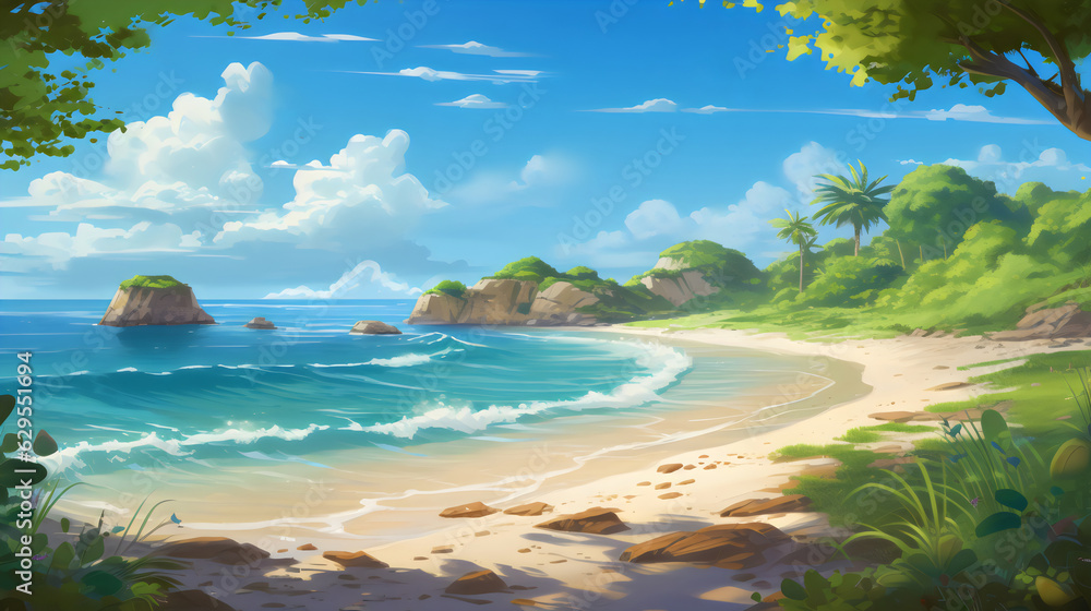 Fototapeta premium beach cove with island and tree landscape game concept art style illustration