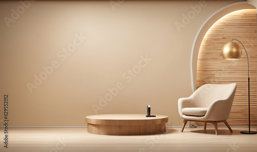 Beige wall with built-in lighting and wood floor  lamp  round podium and accessories  Modern stylish presentation  Generative Ai.