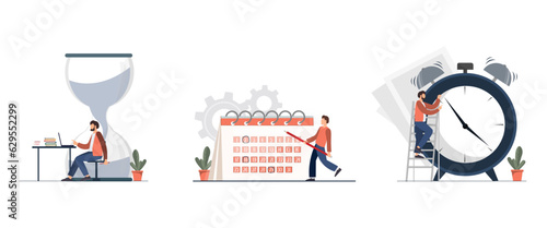 Set with working persons near calendar, alarm clock, hour glass, planning and scheduling concept, freelance work concept, flat vector illustration