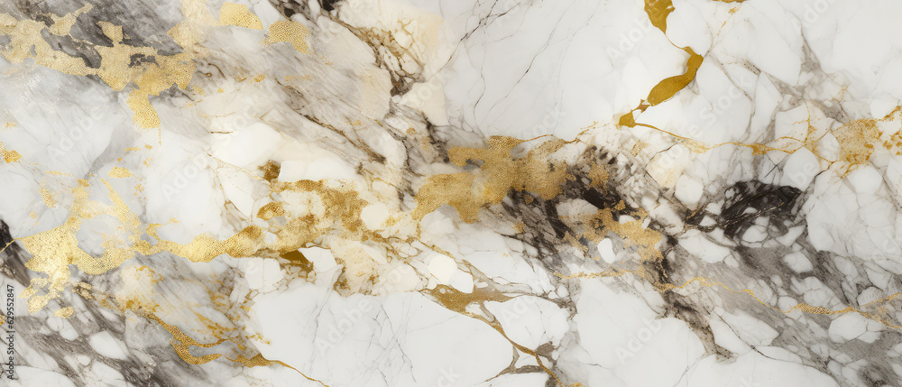 Marble abstract texture with golden shimmer, splashes. Trendi background, cover. Generative ai