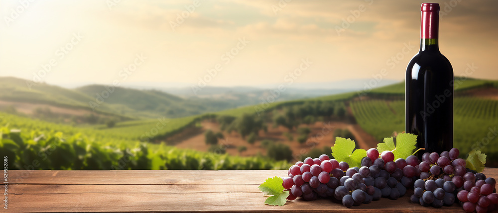 Red wine glass, bottle and fresh red grapes on wooden table over background of panoramic view of vineyards at sunset. Banner template with copyspace. Generative AI