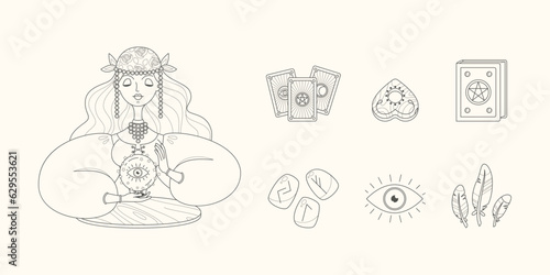 Magic and fortune telling set. Cartoon illustrations of a beautiful girl reading the future by seeing crystal ball with all-seeing eye and a collection of magic accessories. Vector 10 EPS.
