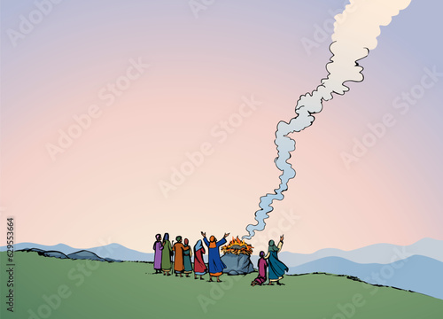 Vector drawing. Noah Offers a Sacrifice to God