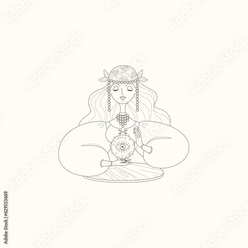 Fortune teller female character. Gypsy oracle. Cartoon illustration of a beautiful girl telling the future by seeing a magic ball. Vector 10 EPS.