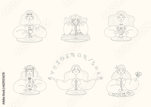 Set of fortune teller female characters. Cartoon illustration of a beautiful girls telling the future by seeing magic ball, zodiac signs, magic book and using coffee grounds. Vector 10 EPS.
